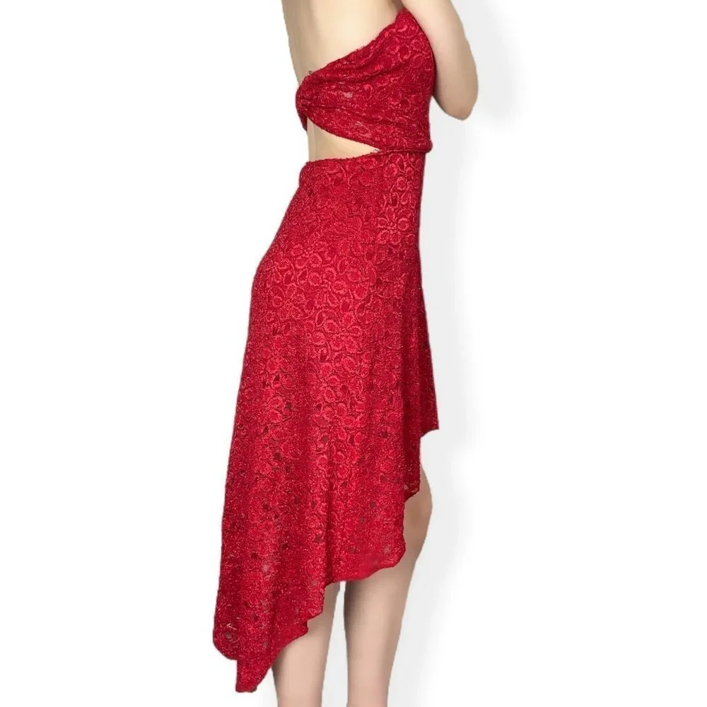 3/$30 ⭐️ 90s Sparkly Lace Red High Low Strapless Dress Open Back - Picture 4 of 6